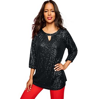 Roaman's Women's Plus Size Flared Sleeve Keyhole Lace Tunic