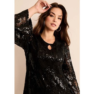 Roaman's Women's Plus Size Flared Sleeve Keyhole Lace Tunic