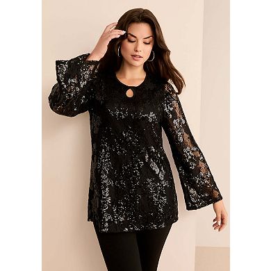 Roaman's Women's Plus Size Flared Sleeve Keyhole Lace Tunic