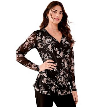 Roaman's Women's Plus Size V-Neck Mesh Blouse