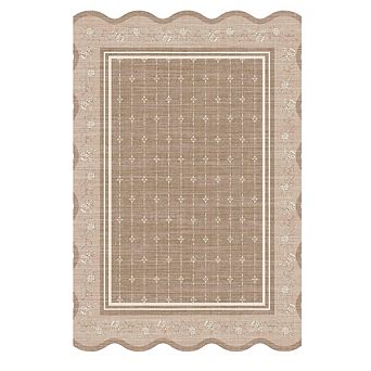 9x12FT Washable Area Rug Scalloped Floral Border Non Slip Low Pile for Farmhouse Dining Dorm