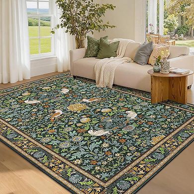 9x12FT Washable Area Rug Bird Pattern Non Slip Low Pile for Living Room Dining Bedroom