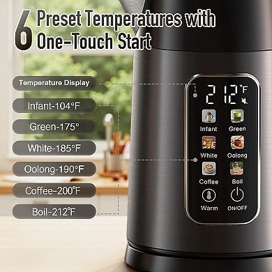 Smart 1.7L Electric Kettle 6 Preset Temps, 2H Keep Warm & No Plastic Contact! Pure Taste & Auto S