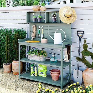 Merax 65" Large Wooden Farmhouse Rustic Outdoor Potting Bench Table, Patio Workstation