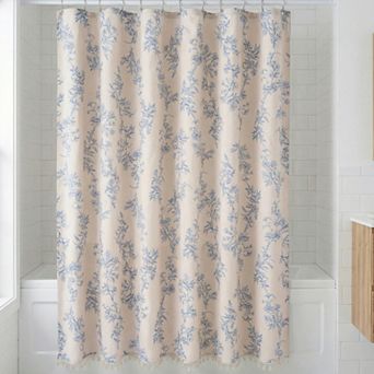Faux Linen Shower Curtain, Leaf Print Shower Curtain Sets with 12 Hooks, Bohemian Farmhouse Style