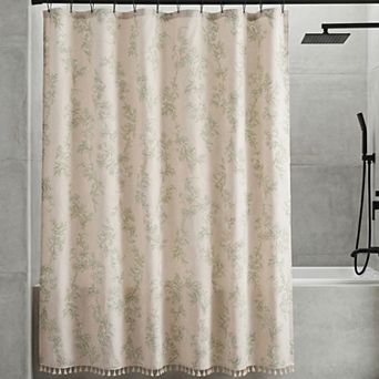 Faux Linen Shower Curtain, Leaf Print Shower Curtain Sets with 12 Hooks, Bohemian Farmhouse Style