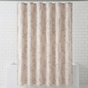 Faux Linen Shower Curtain, Leaf Print Shower Curtain Sets with 12 Hooks, Bohemian Farmhouse Style