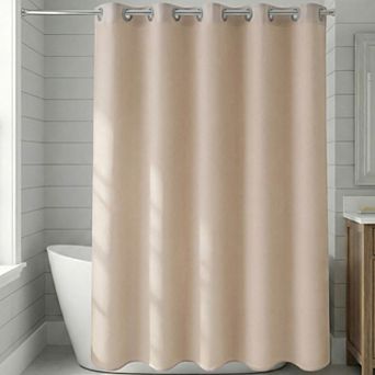 Solid Color Linen-Like Shower Curtain, Hook-Free Design Shower Curtain Sets with Split Rings