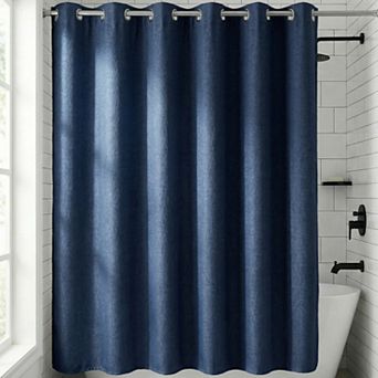Solid Color Linen-Like Shower Curtain, Hook-Free Design Shower Curtain Sets with Split Rings