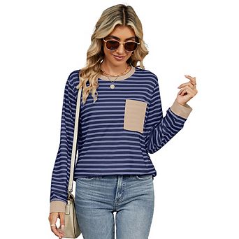 Women's Round Neck Long Sleeve T-Shirt Casual Loose Fit Top with Chest Pocket Side Hem Slits
