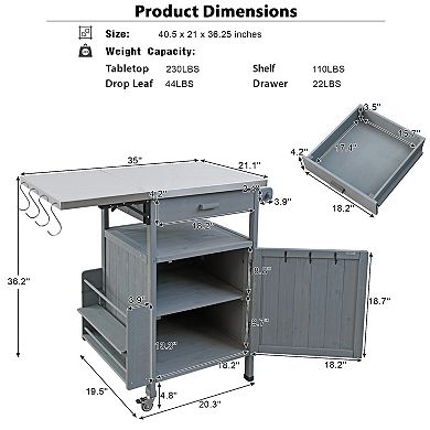 Whisen Outdoor Kitchen Island with Stainless Steel Top, Drop Leaf, Towel Rack & Lockable Wheels