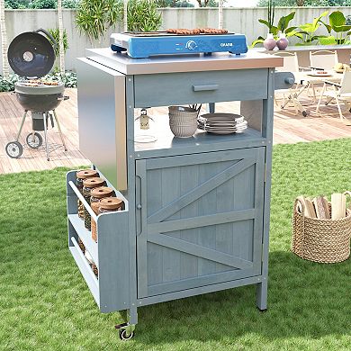 Whisen Outdoor Kitchen Island with Stainless Steel Top, Drop Leaf, Towel Rack & Lockable Wheels