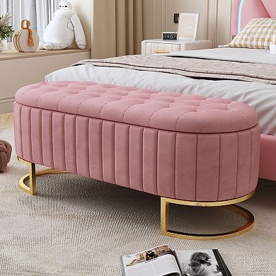 Whisen Upholstered Velvet Storage Ottoman with Button-Tufted, Storage Bench with Metal Legs