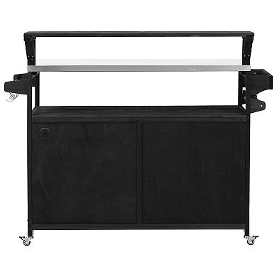 Whisen Outdoor Kitchen Island with Raised Shelf, Stainless Steel Top, Adjustable Shelf & Spice Rack