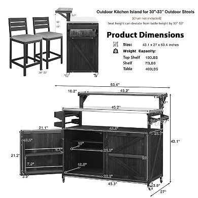 Whisen Outdoor Kitchen Island with Raised Shelf, Stainless Steel Top, Adjustable Shelf & Spice Rack