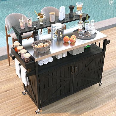 Whisen Outdoor Kitchen Island with Raised Shelf, Stainless Steel Top, Adjustable Shelf & Spice Rack