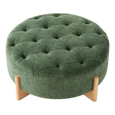 Whisen Round Tufted Ottoman with Solid Wood Legs, Piping Lines