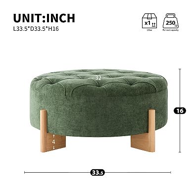 Whisen Round Tufted Ottoman with Solid Wood Legs, Piping Lines