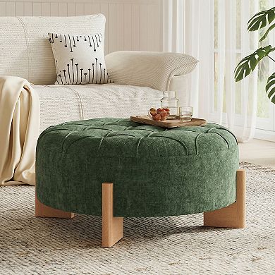 Whisen Round Tufted Ottoman with Solid Wood Legs, Piping Lines