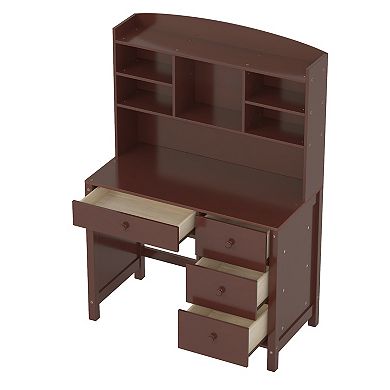 Whisen Vintage Desk and Upholstered Chair Set with Bookshelf, Computer Desk with Four Drawers