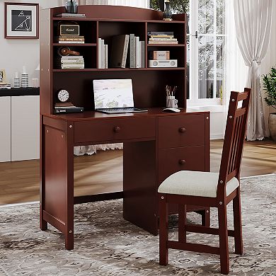 Whisen Vintage Desk and Upholstered Chair Set with Bookshelf, Computer Desk with Four Drawers