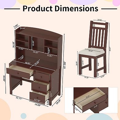 Whisen Vintage Desk and Upholstered Chair Set with Bookshelf, Computer Desk with Four Drawers