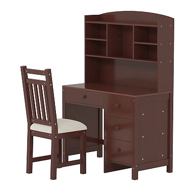 Whisen Vintage Desk and Upholstered Chair Set with Bookshelf, Computer Desk with Four Drawers