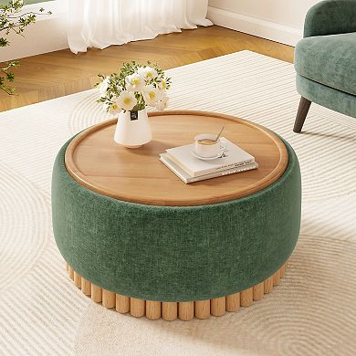 Whisen Round Storage Ottoman with Solid Wood Legs and Reversible Lid