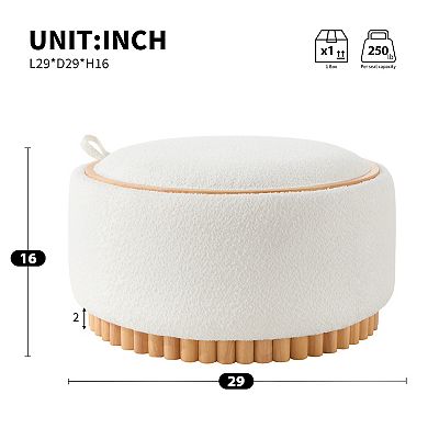 Whisen Round Storage Ottoman with Solid Wood Legs and Reversible Lid
