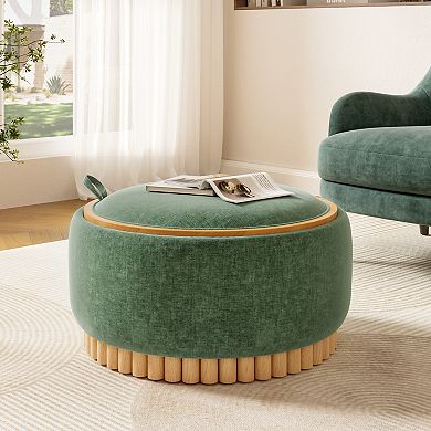 Whisen Round Storage Ottoman with Solid Wood Legs and Reversible Lid