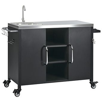 Whisen Outdoor Kitchen Island, Bar Cart with Stainless Steel Sink and 4 Lockable Wheels