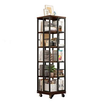 Whisen 5 tier Rotating Bookshelf, Corner Bookcase, 360 Display Wood Spinning Bookshelves