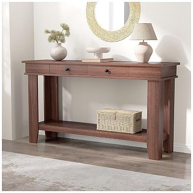 Long Console Table with Drawers, Wooden Rectangular Entryway Table