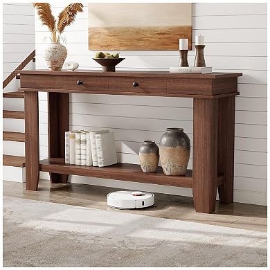 Long Console Table with Drawers, Wooden Rectangular Entryway Table