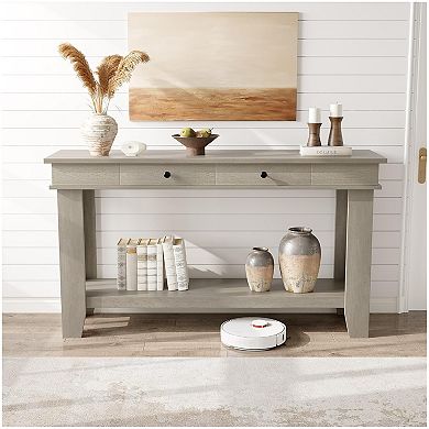 Long Console Table with Drawers, Wooden Rectangular Entryway Table