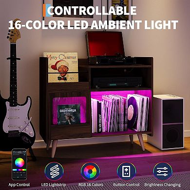 Large Record Player Stand, Vinyl Record Storage Cabinet Turntable Stand with Sliding Door