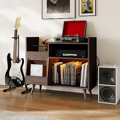 Large Record Player Stand, Vinyl Record Storage Cabinet Turntable Stand with Sliding Door