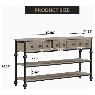 Long 53" Console Sofa Table with 3 Drawers, Entryway Table with 3-Tier Storage Shelves