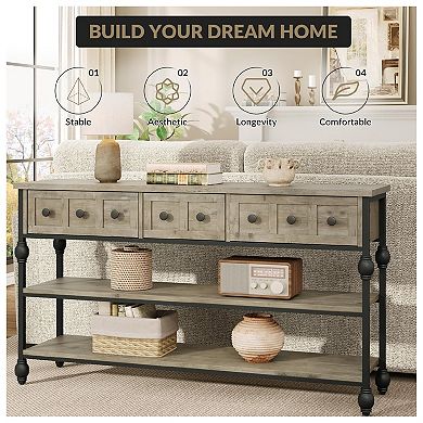 Long 53" Console Sofa Table with 3 Drawers, Entryway Table with 3-Tier Storage Shelves