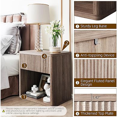 Night Stand Set of 2, Modern Farmhouse Nightstand, Fluted Nightstand with Drawer Storage