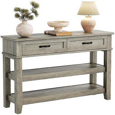 Farmhouse Entryway Console Table 3-Tier Wooden Sofa Table with 2 Storage Drawers for Hallway