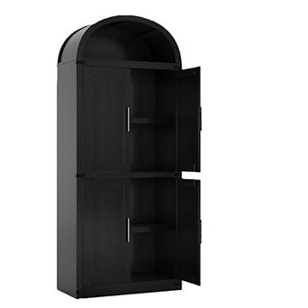 Modern Farmhouse Wood Bookcase, Arched Bookshelf Cabinet with 4 Doors & Open Shelf