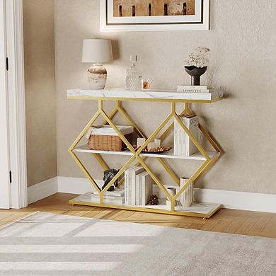 Farmhouse Console Table 3-Tier Narrow Entryway Sofa Table with Storage Shelves, Metal Legs