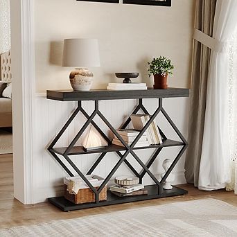 Farmhouse Console Table 3 tier Narrow Entryway Sofa Table with Storage Shelves, Metal Legs