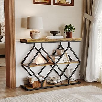 Farmhouse Console Table 3 tier Narrow Entryway Sofa Table with Storage Shelves, Metal Legs