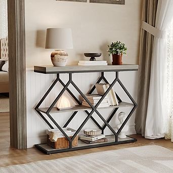 Farmhouse Console Table 3 tier Narrow Entryway Sofa Table with Storage Shelves, Metal Legs