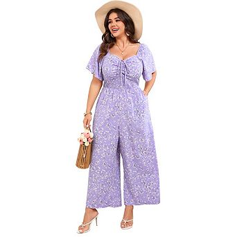 Women's Plus Size Square Neck Floral Jumpsuit Short-Sleeve Fitted Top and Wide-Leg Jumpsuit