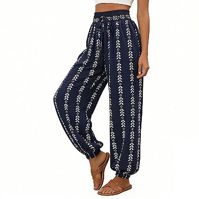 Women's High Waist Elastic Waistband Drawstring Comfy Loose-Fit Casual Beach Trousers