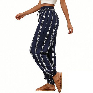 Women's High Waist Elastic Waistband Drawstring Comfy Loose-Fit Casual Beach Trousers