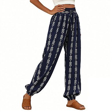 Women's High Waist Elastic Waistband Drawstring Comfy Loose-Fit Casual Beach Trousers